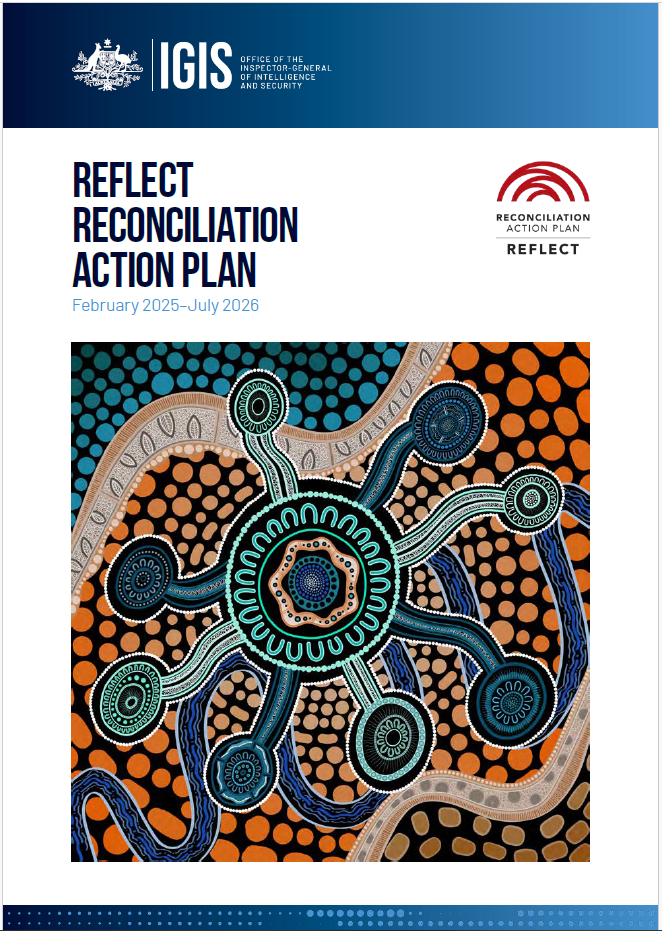 First Nations artwork depicting IGIS in the centre, with multiple agencies representing intelligence and security
