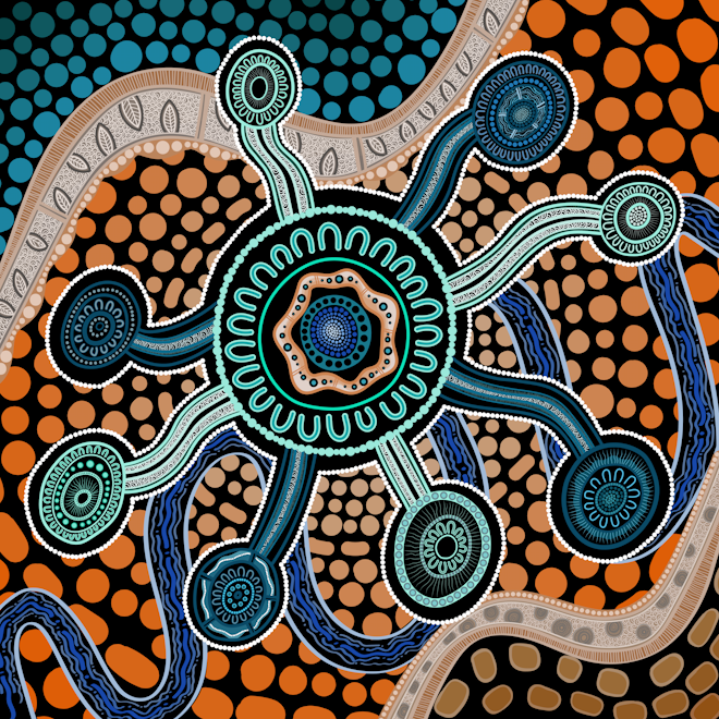 First Nations artwork depicting IGIS in the centre, with multiple agencies representing intelligence and security
